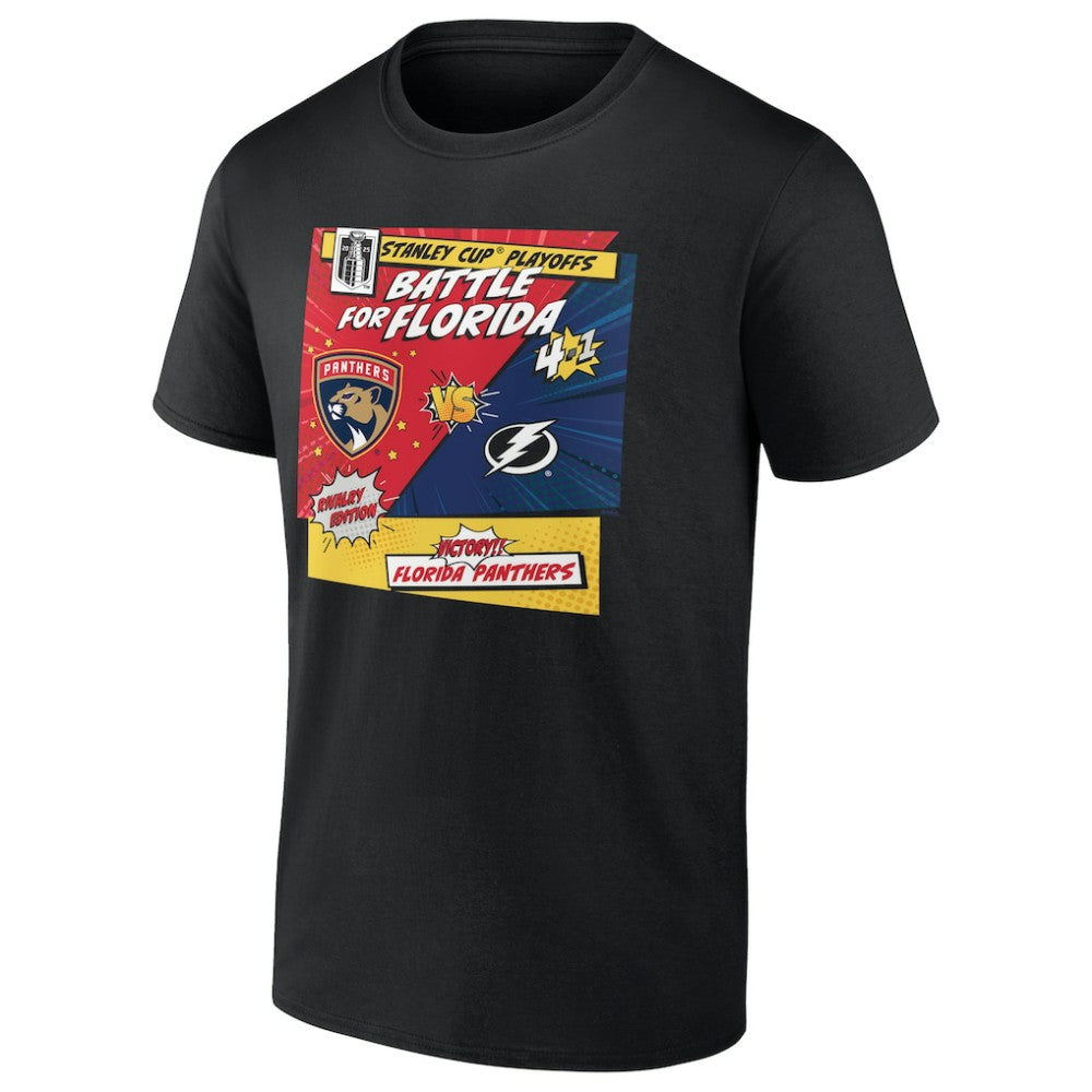 Florida Panthers vs. Tampa Bay Lightning 2025 Stanley Cup Playoffs Rivalry Comic Pop T-Shirt - Black | US 203138063