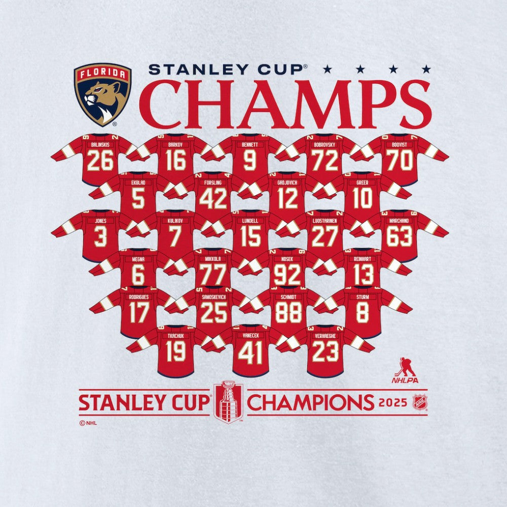 Florida Panthers Fanatics 2025 Stanley Cup Champions Jersey Roster T-Shirt - White | US 203140023