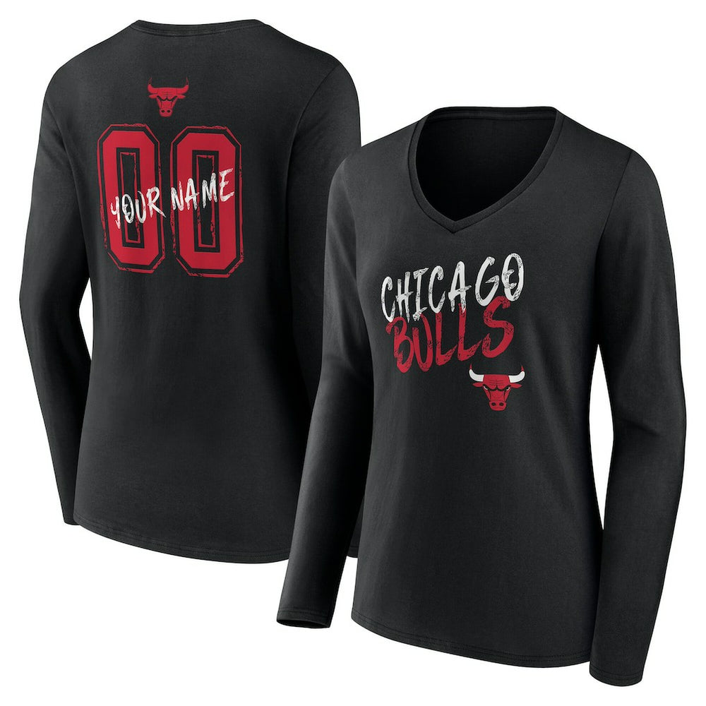 Chicago Bulls Women's Hustle Custom Long Sleeve V-Neck T-Shirt Black
