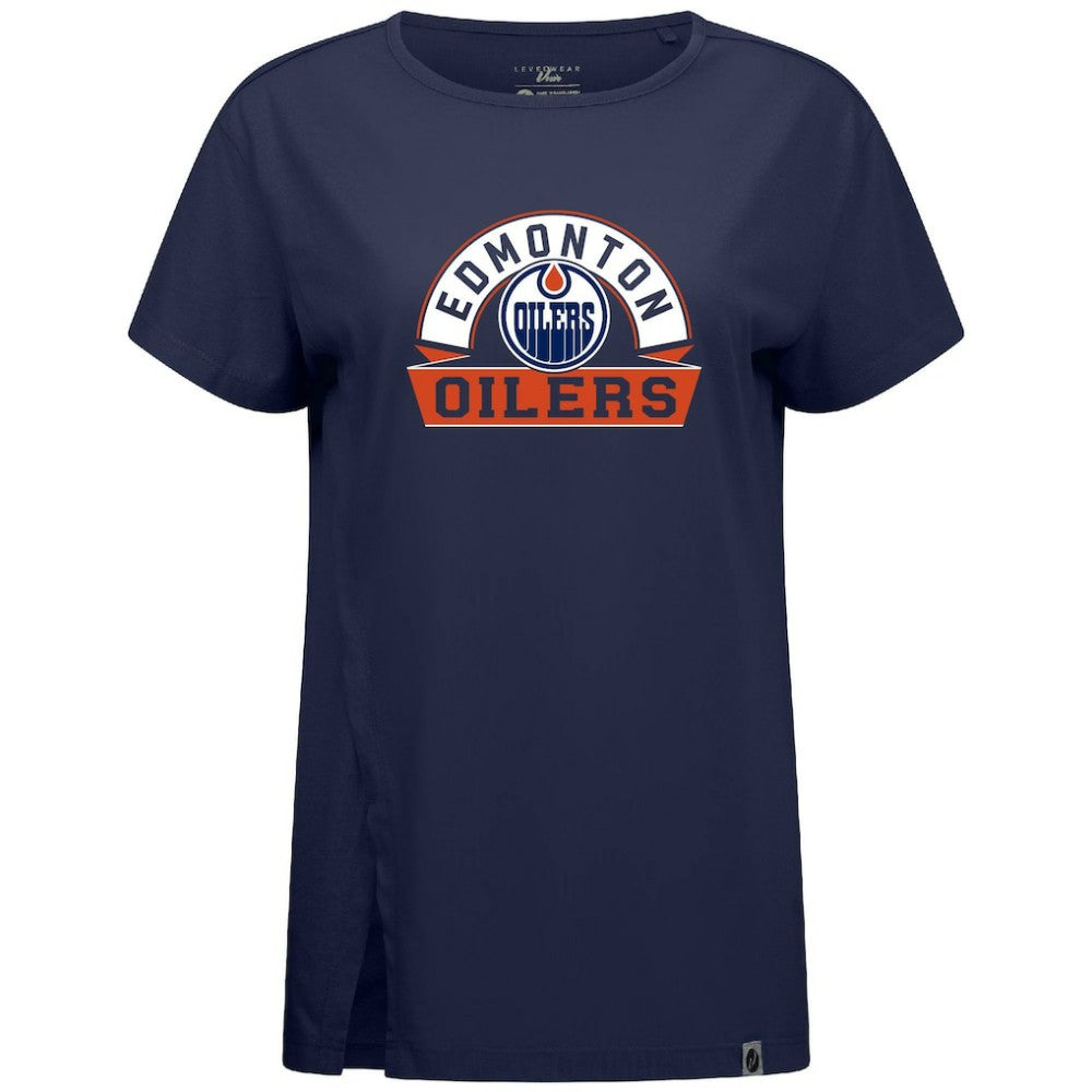 Edmonton Oilers Levelwear Women's Influx Banner Arch T-Shirt - Navy | US 203145207