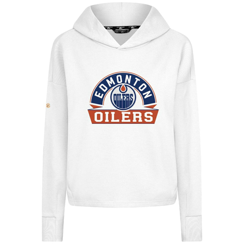 Edmonton Oilers Levelwear Women's Sweet Banner Arch Tri-Blend Cropped Pullover Hoodie - White | US 203145716