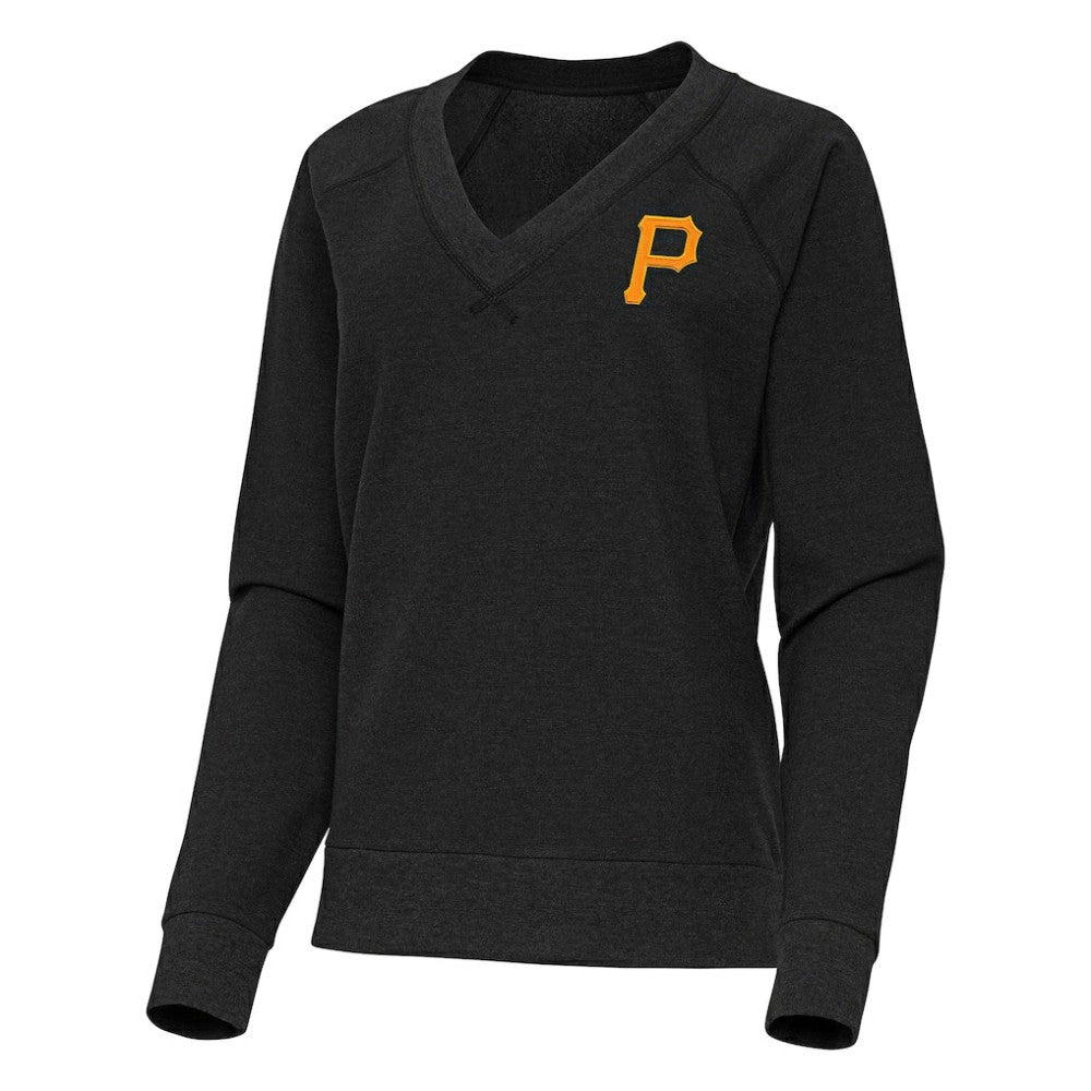 Pittsburgh Pirates Antigua Women's Varsity Tri-Blend V-Neck Long Sleeve T-Shirt - Heather Black T-shirts