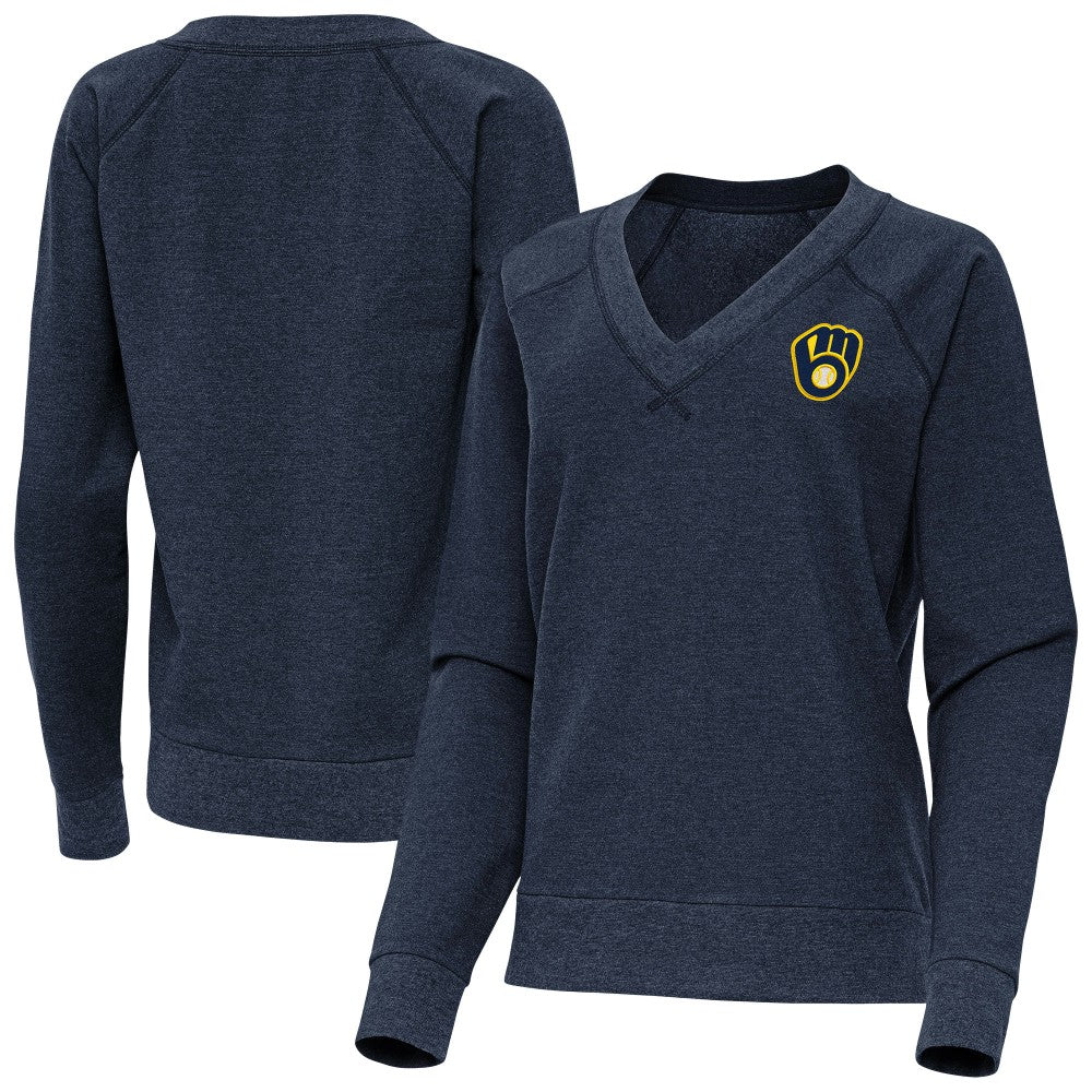 Milwaukee Brewers Antigua Women's Varsity Tri-Blend V-Neck Long Sleeve T-Shirt - Heather Navy T-shirts