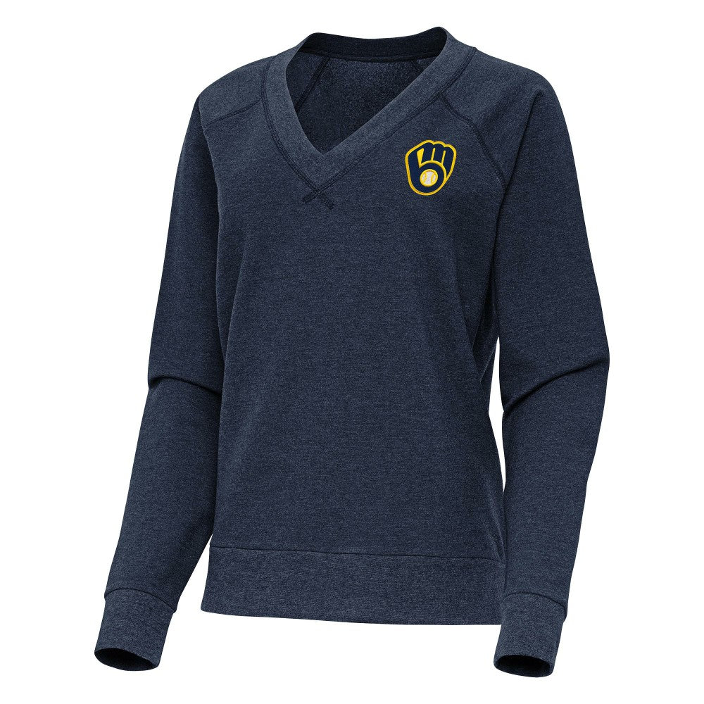 Milwaukee Brewers Antigua Women's Varsity Tri-Blend V-Neck Long Sleeve T-Shirt - Heather Navy T-shirts