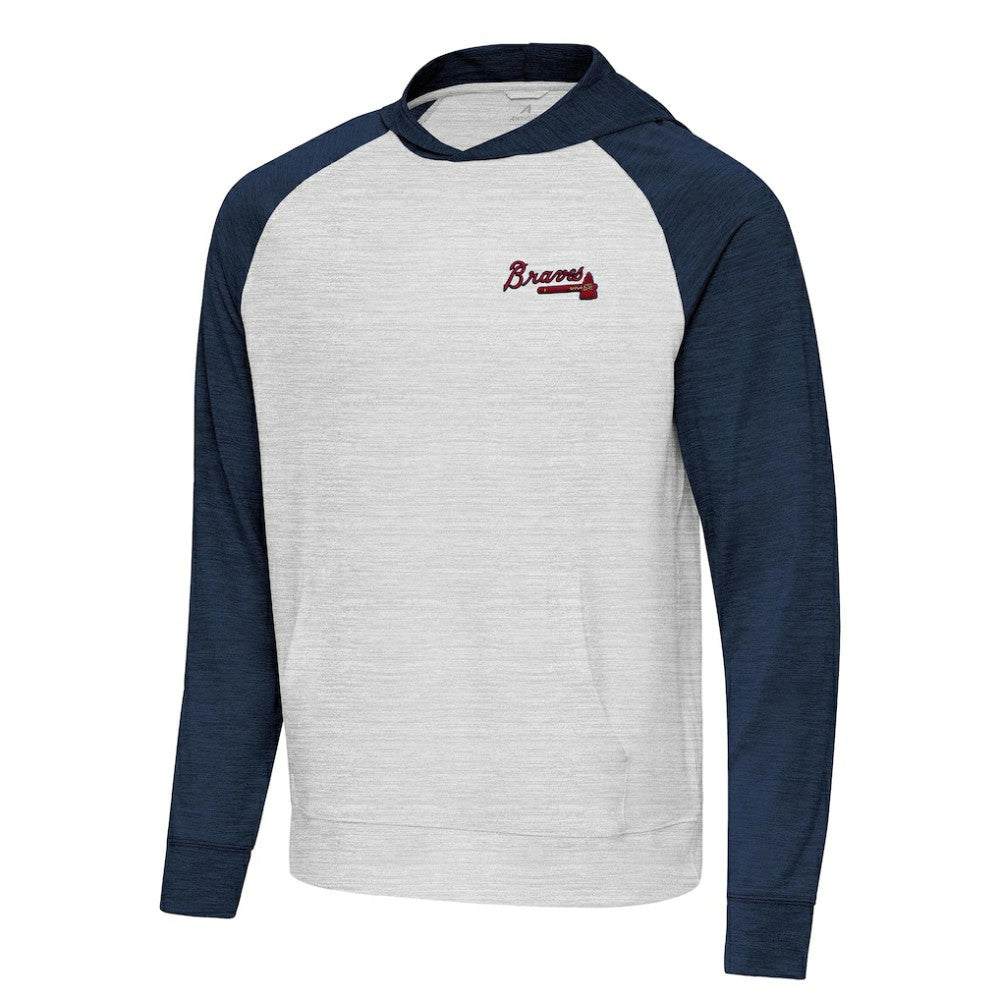 Atlanta Braves Antigua Urgent Pullover Hoodie - Heather Navy/Gray Hoodies