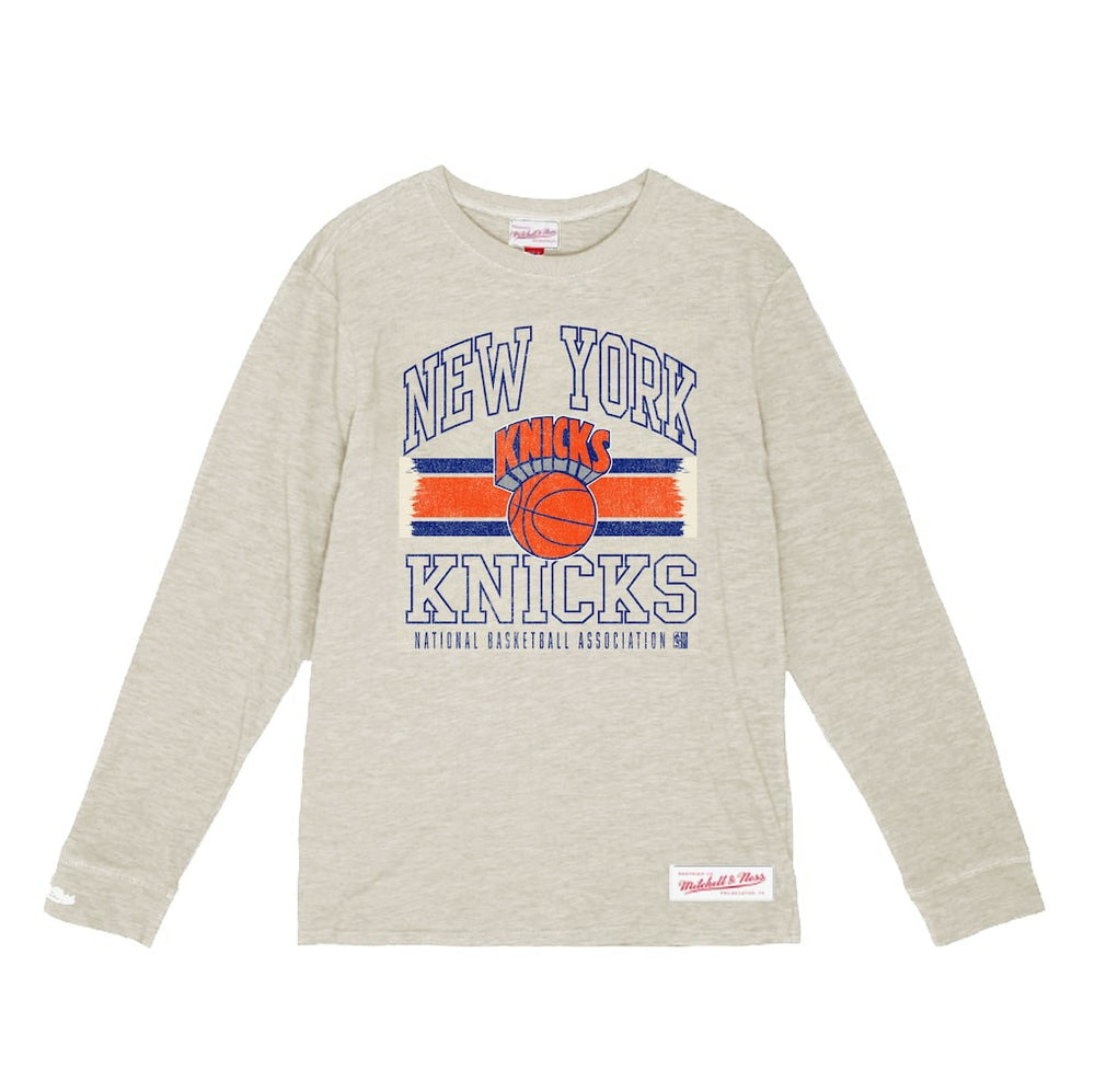 New York Knicks Striped Logo Lockup Premium T-Shirt Cream - Mitchell & Ness outlet