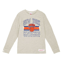 New York Knicks Striped Logo Lockup Premium T-Shirt Cream - Mitchell & Ness outlet