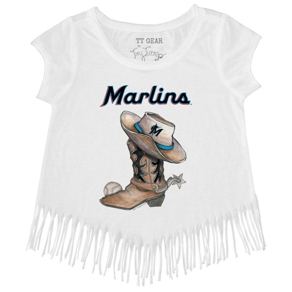 Miami Marlins Tiny Turnip Girls Youth Cowboy Boot Fringe T-Shirt - White T-shirts