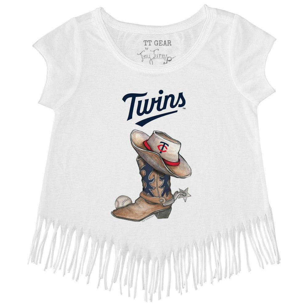 Minnesota Twins Tiny Turnip Girls Youth Cowboy Boot Fringe T-Shirt - White T-shirts