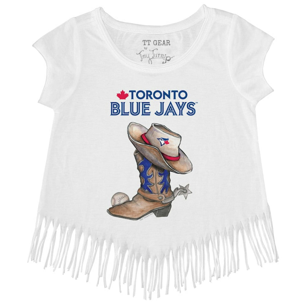 Toronto Blue Jays Tiny Turnip Girls Youth Cowboy Boot Fringe T-Shirt - White T-shirts