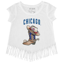 Chicago Cubs Tiny Turnip Girls Youth Cowboy Boot Fringe T-Shirt - White T-shirts
