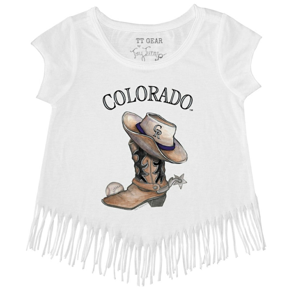 Colorado Rockies Tiny Turnip Girls Youth Cowboy Boot Fringe T-Shirt - White T-shirts