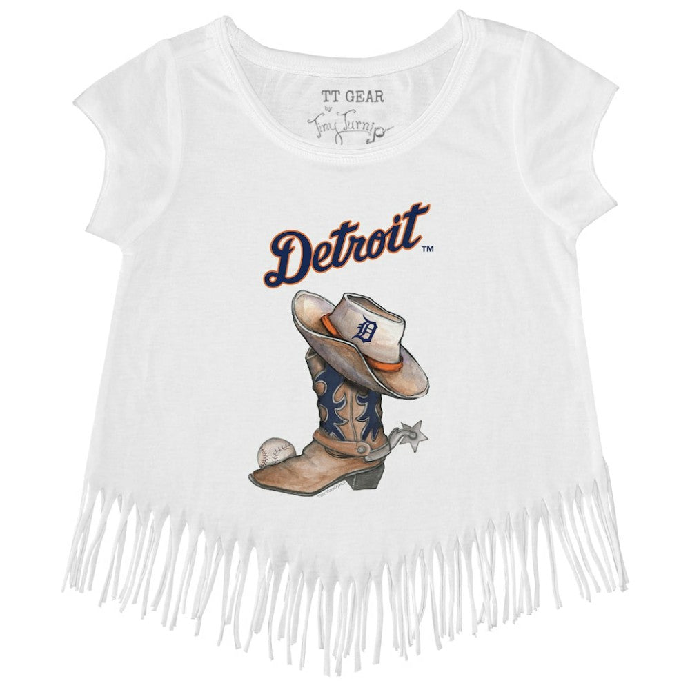Detroit Tigers Tiny Turnip Girls Youth Cowboy Boot Fringe T-Shirt - White T-shirts