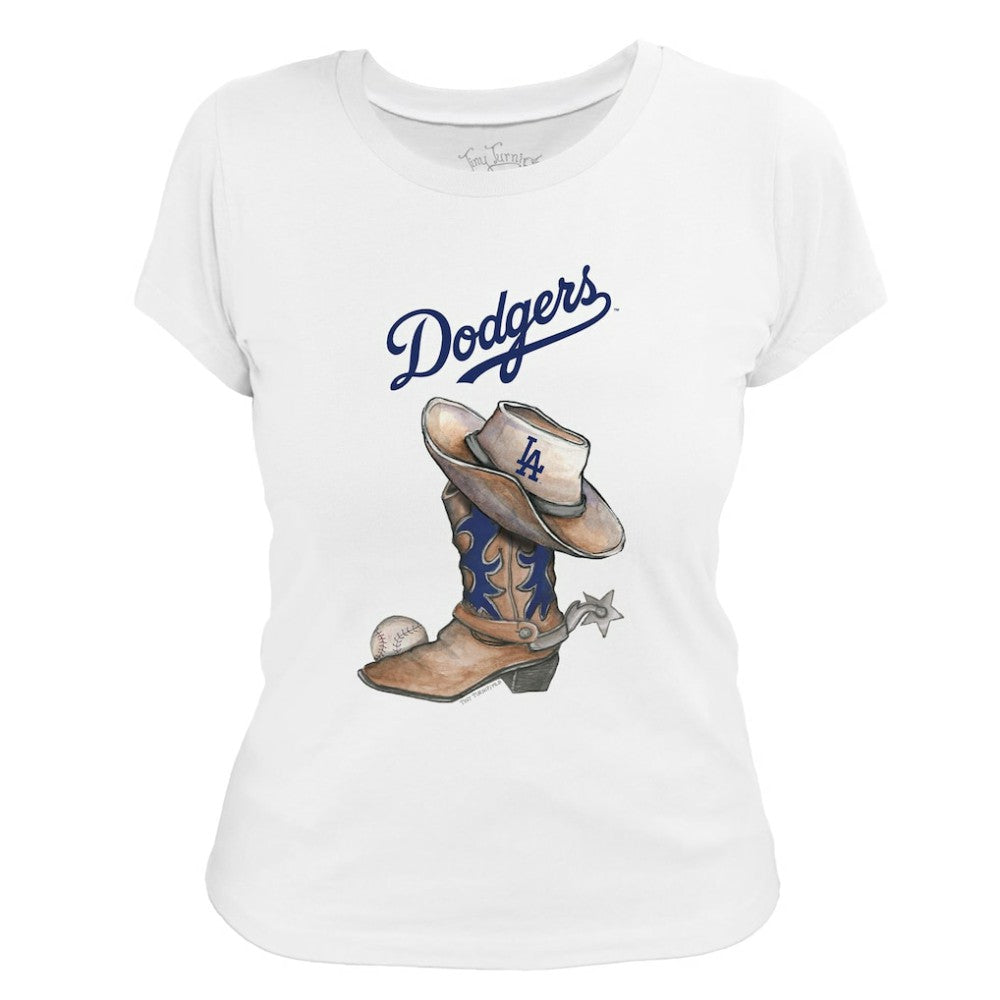 Los Angeles Dodgers Tiny Turnip Women's Cowboy Boot T-Shirt - White T-shirts