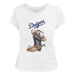 Los Angeles Dodgers Tiny Turnip Women's Cowboy Boot T-Shirt - White T-shirts