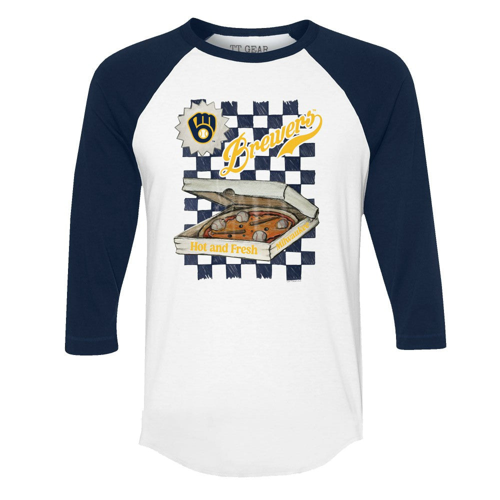 Milwaukee Brewers Tiny Turnip Women's Pizza 3/4-Sleeve Raglan Baseball T-Shirt - White/Navy T-shirts