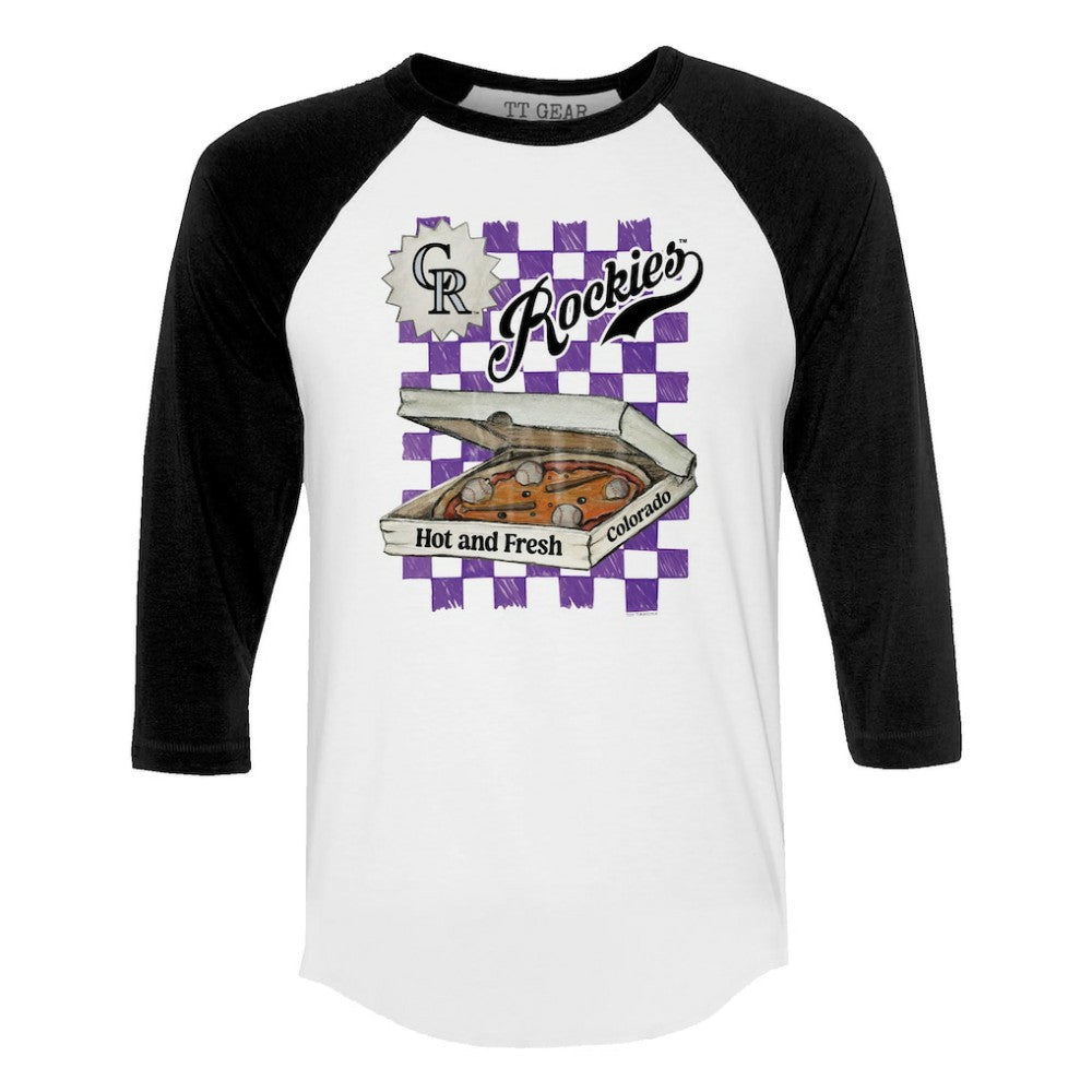 Colorado Rockies Tiny Turnip Women's Pizza 3/4-Sleeve Raglan Baseball T-Shirt - White/Black T-shirts