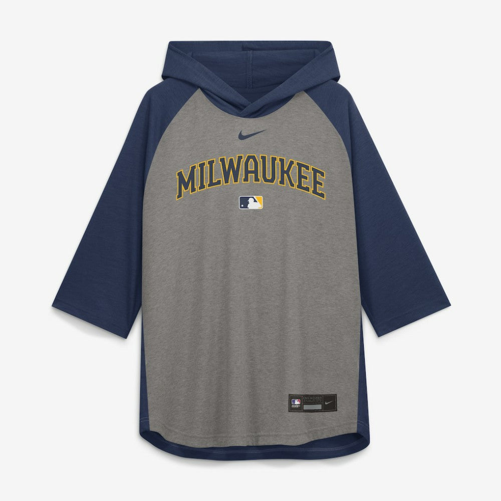 Milwaukee Brewers Nike Authentic Collection Flux Dri-FIT Raglan 3/4-Sleeve Hooded T-Shirt - Gray T-shirts