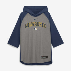 Milwaukee Brewers Nike Authentic Collection Flux Dri-FIT Raglan 3/4-Sleeve Hooded T-Shirt - Gray T-shirts