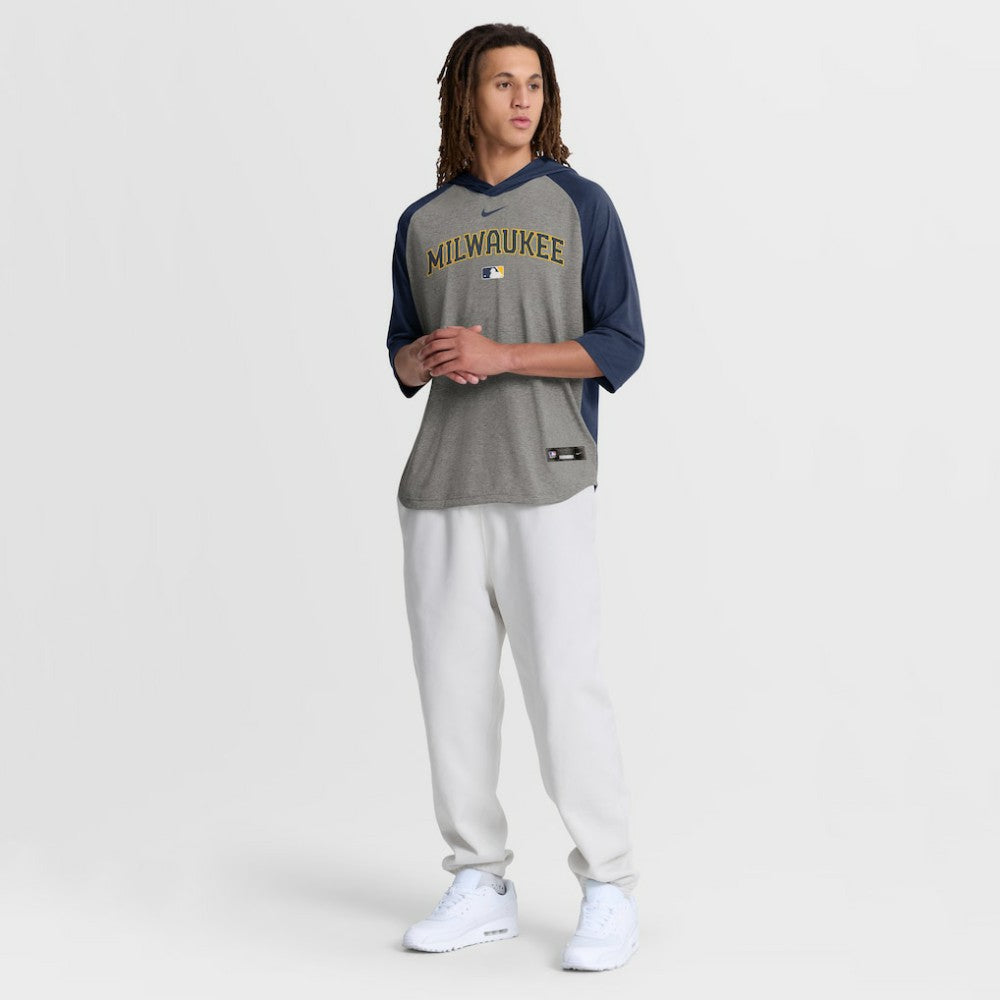 Milwaukee Brewers Nike Authentic Collection Flux Dri-FIT Raglan 3/4-Sleeve Hooded T-Shirt - Gray T-shirts