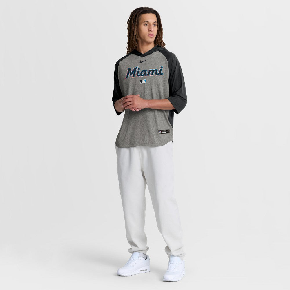 Miami Marlins Nike Authentic Collection Flux Dri-FIT Raglan 3/4-Sleeve Hooded T-Shirt - Gray T-shirts