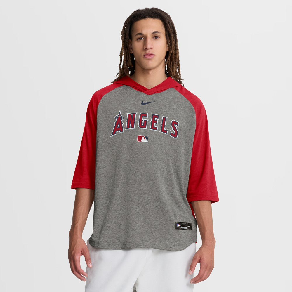 Los Angeles Angels Nike Authentic Collection Flux Dri-FIT Raglan 3/4-Sleeve Hooded T-Shirt - Gray T-shirts