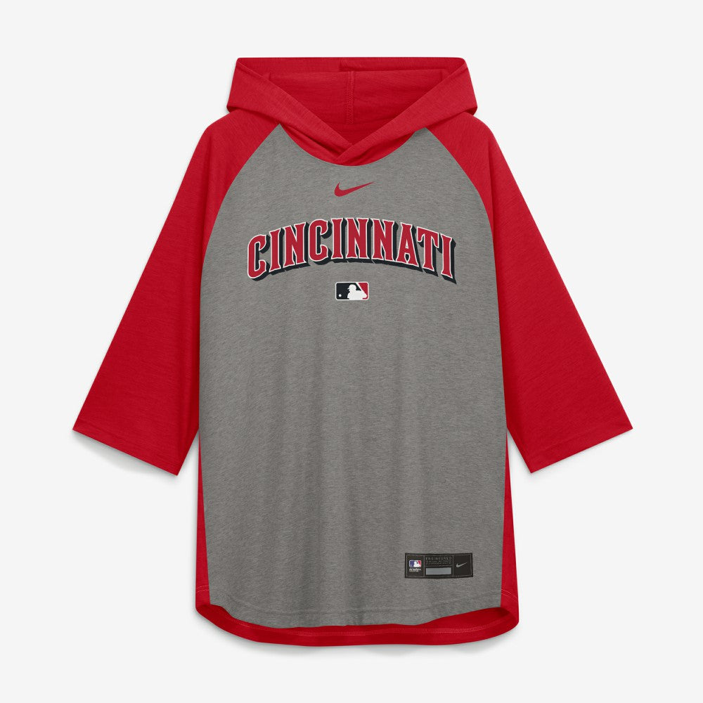 Cincinnati Reds Nike Authentic Collection Flux Dri-FIT Raglan 3/4-Sleeve Hooded T-Shirt - Gray T-shirts