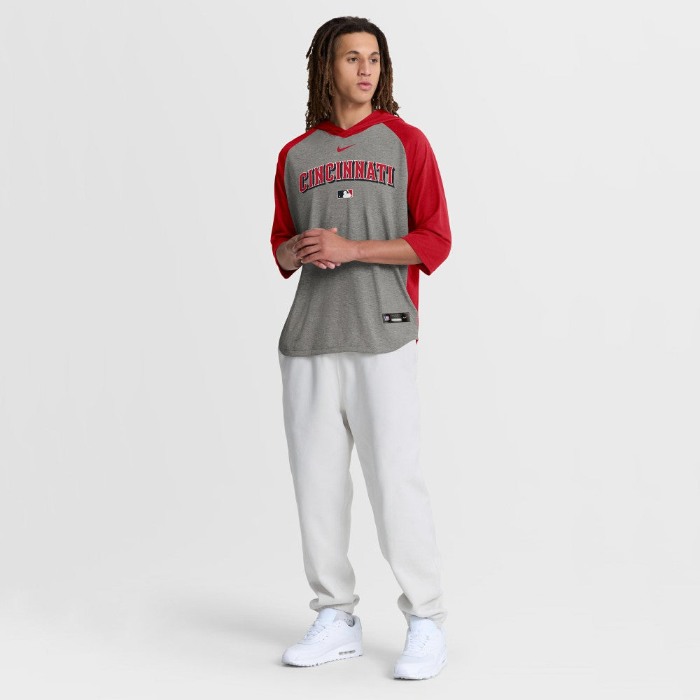 Cincinnati Reds Nike Authentic Collection Flux Dri-FIT Raglan 3/4-Sleeve Hooded T-Shirt - Gray T-shirts