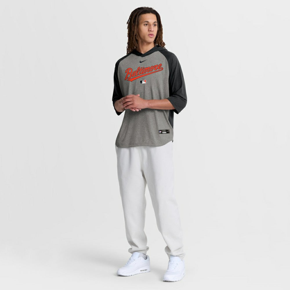 Baltimore Orioles Nike Authentic Collection Flux Dri-FIT Raglan 3/4-Sleeve Hooded T-Shirt - Gray T-shirts