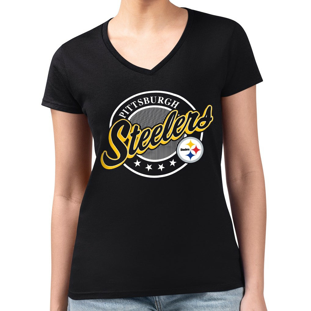 Pittsburgh Steelers G-III 4Her by Carl Banks Women's Super-Slim Fit Lightweight Pinstripe Circle V-Neck T-Shirt - Black T-shirts