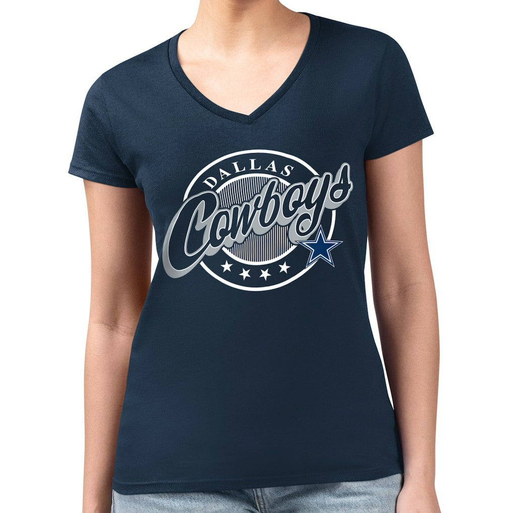 Dallas Cowboys G-III 4Her by Carl Banks Women's Super-Slim Fit Lightweight Pinstripe Circle V-Neck T-Shirt - Navy T-shirts
