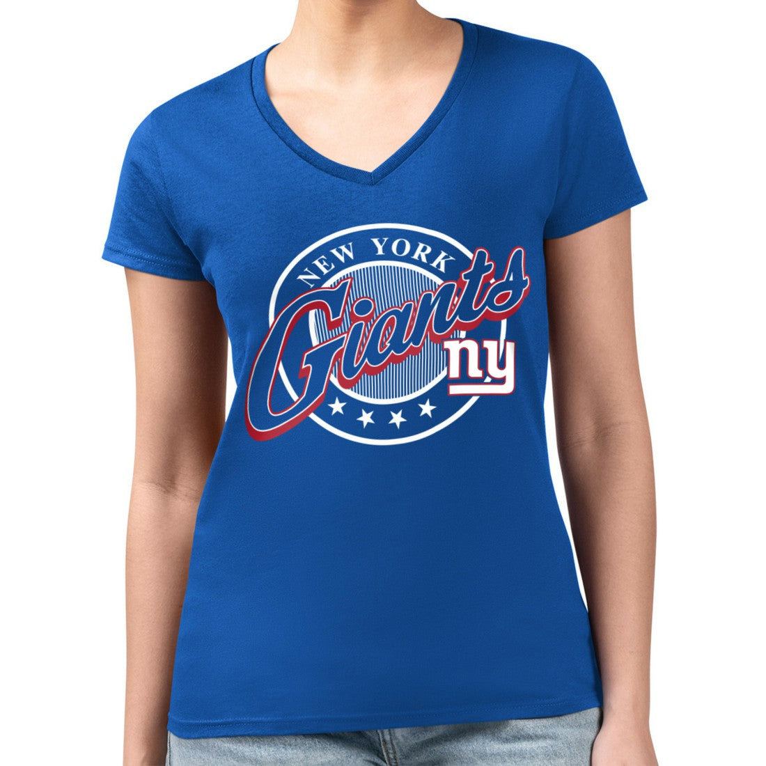 New York Giants G-III 4Her by Carl Banks Women's Super-Slim Fit Lightweight Pinstripe Circle V-Neck T-Shirt - Royal T-shirts