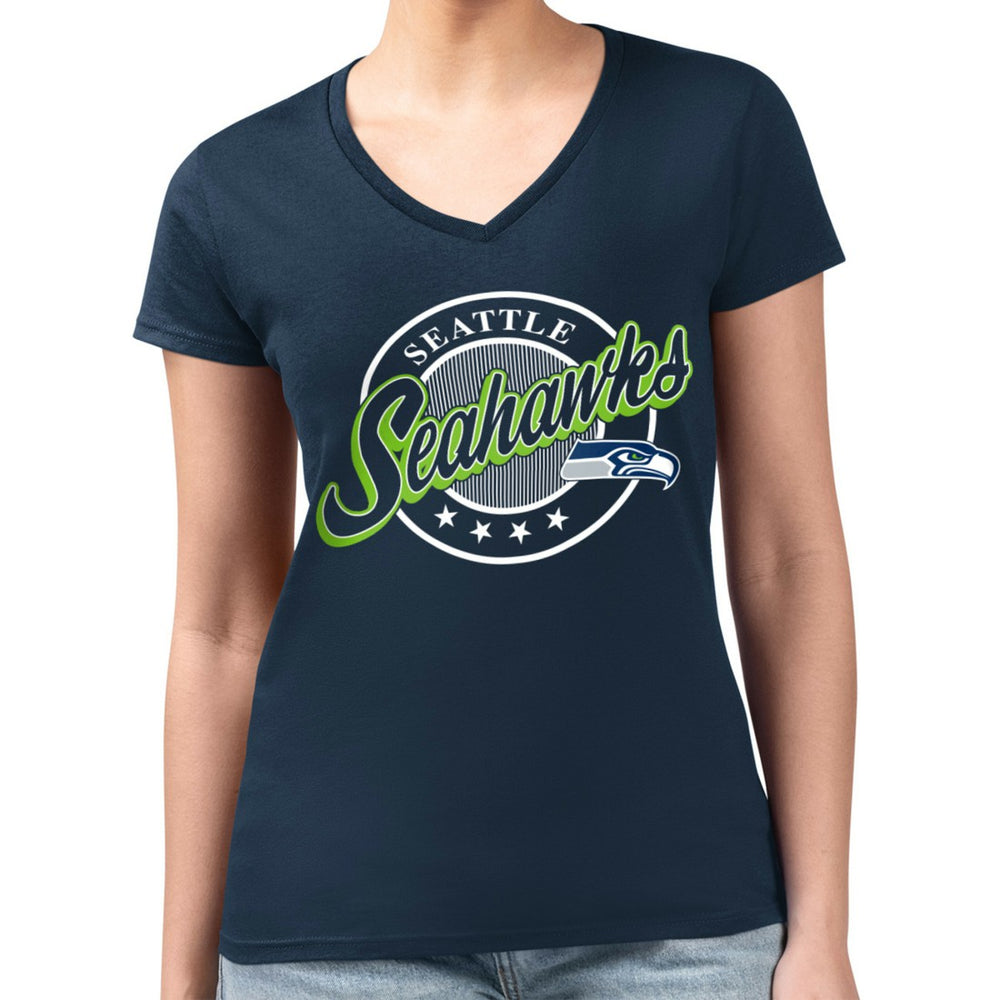 Seattle Seahawks G-III 4Her by Carl Banks Women's Super-Slim Fit Lightweight Pinstripe Circle V-Neck T-Shirt - Navy T-shirts