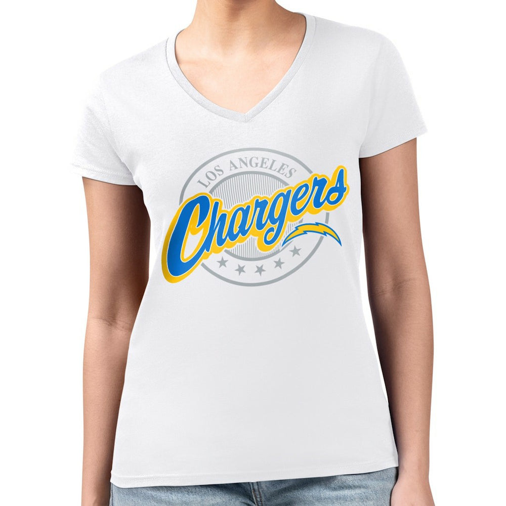 Los Angeles Chargers G-III 4Her by Carl Banks Women's Super-Slim Fit Lightweight Pinstripe Circle V-Neck T-Shirt - White T-shirts