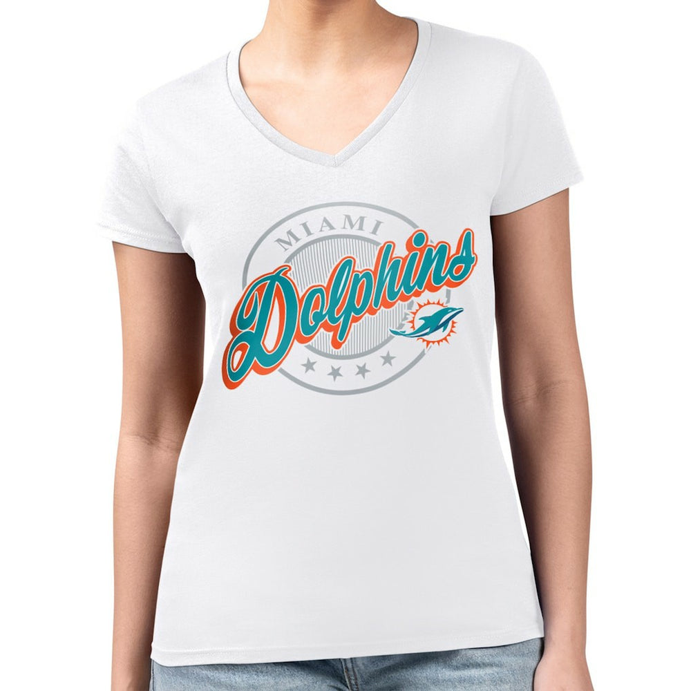 Miami Dolphins G-III 4Her by Carl Banks Women's Super-Slim Fit Lightweight Pinstripe Circle V-Neck T-Shirt - White T-shirts