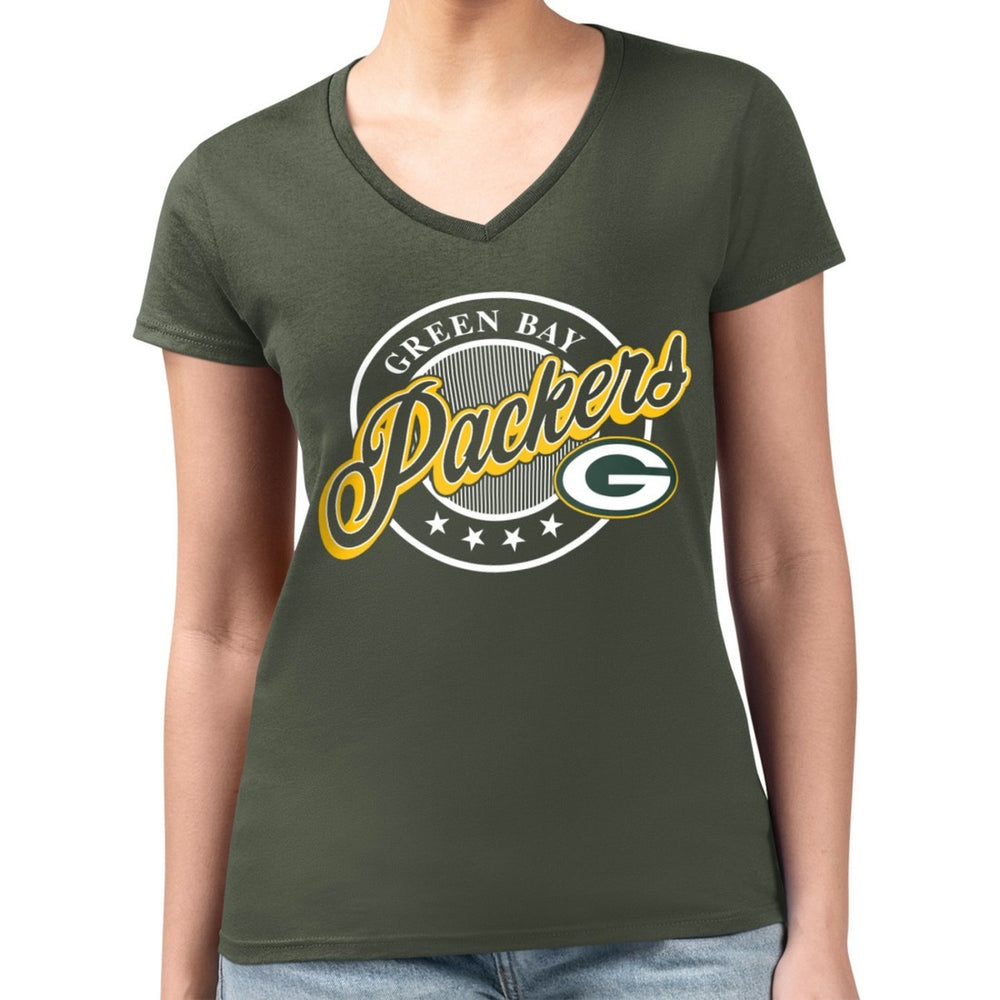 Green Bay Packers G-III 4Her by Carl Banks Women's Super-Slim Fit Lightweight Pinstripe Circle V-Neck T-Shirt - Green T-shirts