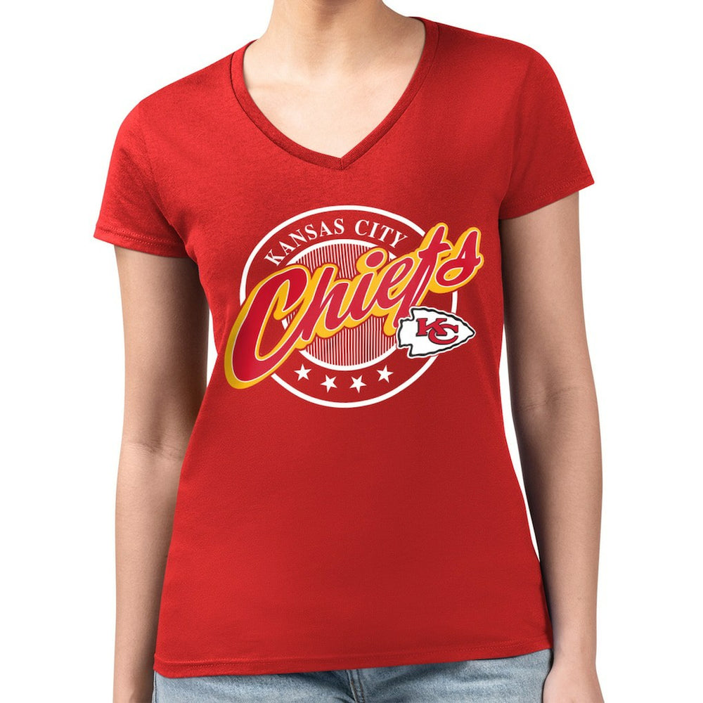 Kansas City Chiefs G-III 4Her by Carl Banks Women's Super-Slim Fit Lightweight Pinstripe Circle V-Neck T-Shirt - Red T-shirts