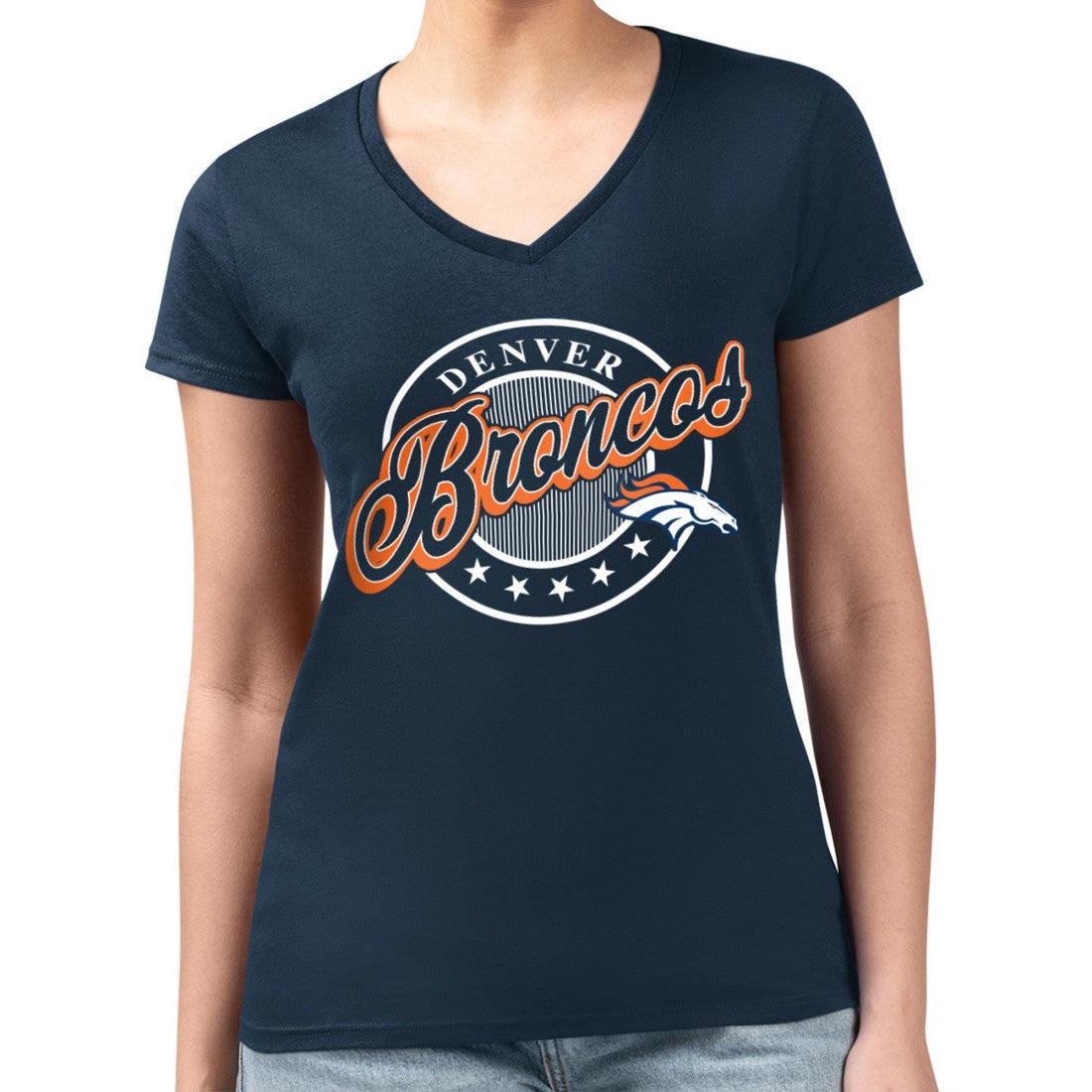 Denver Broncos G-III 4Her by Carl Banks Women's Super-Slim Fit Lightweight Pinstripe Circle V-Neck T-Shirt - Navy T-shirts