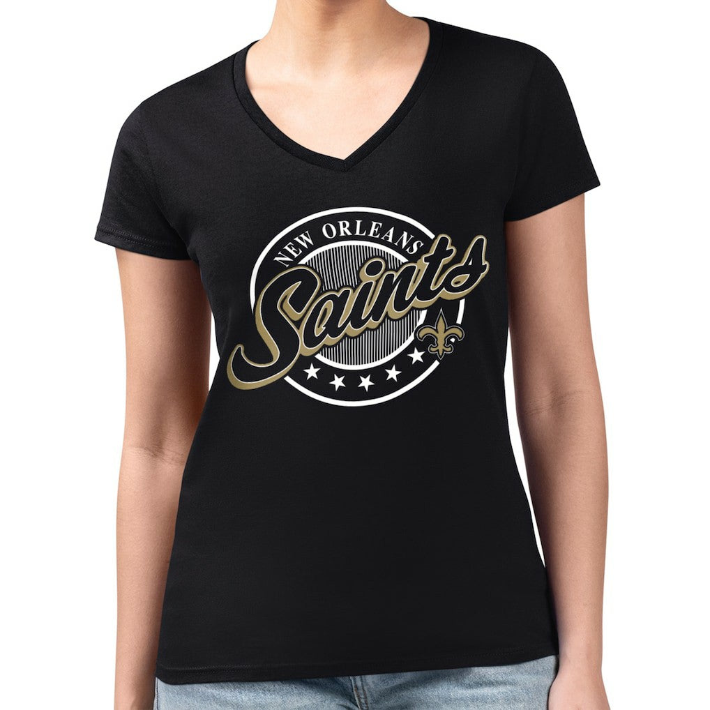 New Orleans Saints G-III 4Her by Carl Banks Women's Super-Slim Fit Lightweight Pinstripe Circle V-Neck T-Shirt - Black T-shirts