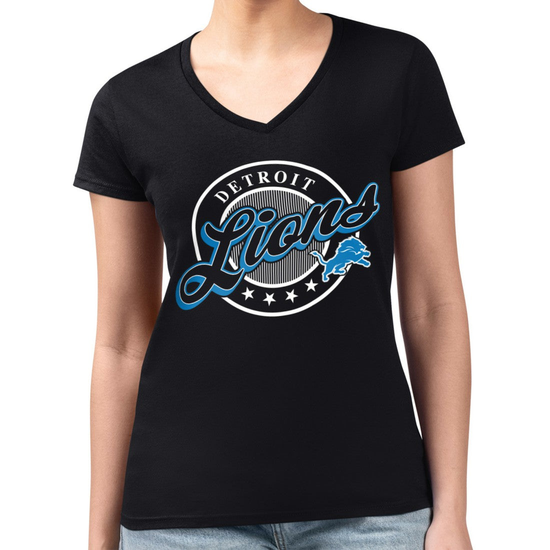Detroit Lions G-III 4Her by Carl Banks Women's Super-Slim Fit Lightweight Pinstripe Circle V-Neck T-Shirt - Black T-shirts