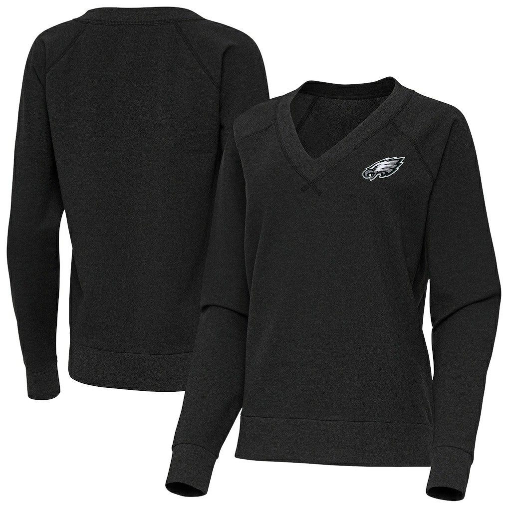 Philadelphia Eagles Antigua Women's Varsity Tri-Blend V-Neck Long Sleeve T-Shirt - Heather Black T-shirts