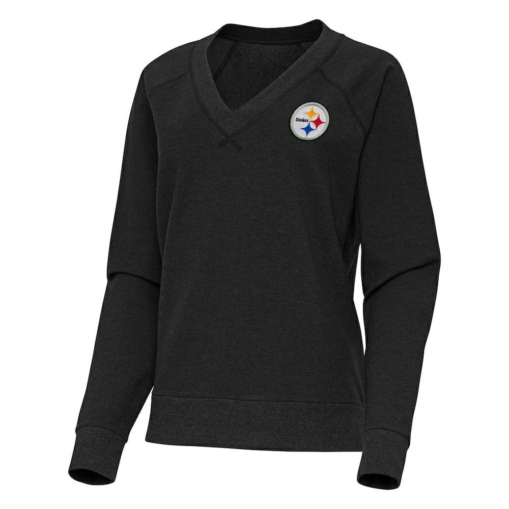 Pittsburgh Steelers Antigua Women's Varsity Tri-Blend V-Neck Long Sleeve T-Shirt - Heather Black T-shirts