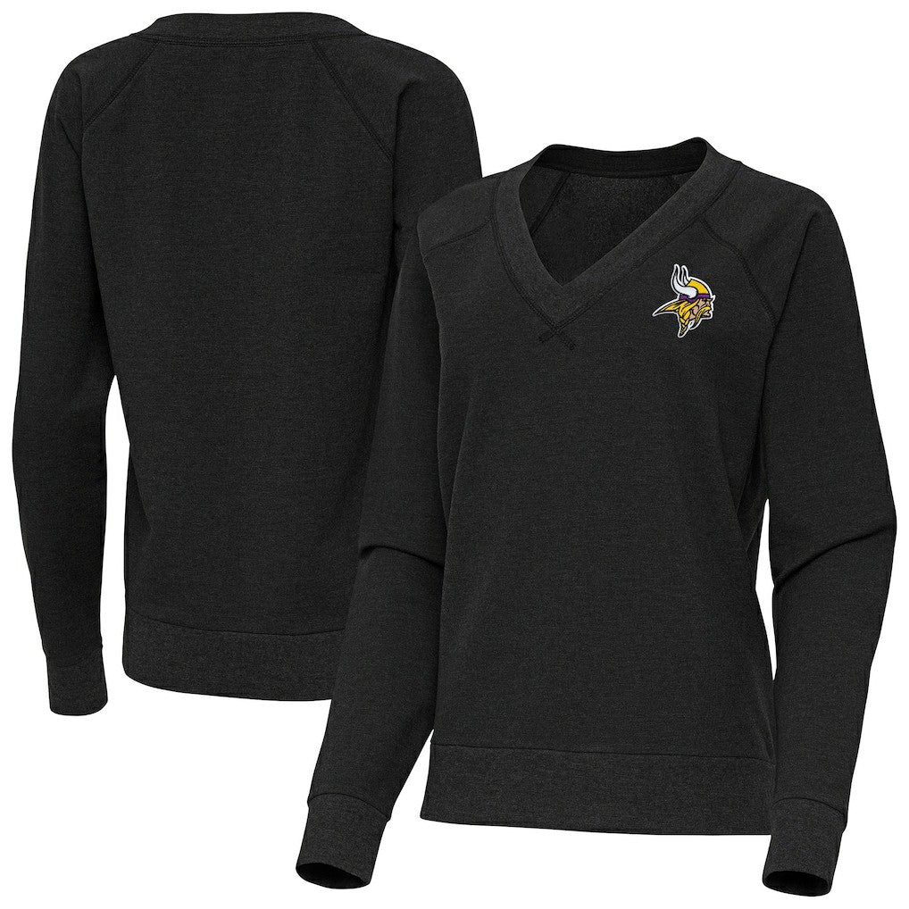 Minnesota Vikings Antigua Women's Varsity Tri-Blend V-Neck Long Sleeve T-Shirt - Heather Black T-shirts