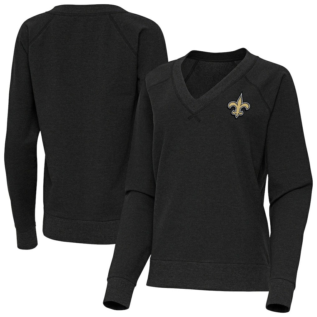 New Orleans Saints Antigua Women's Varsity Tri-Blend V-Neck Long Sleeve T-Shirt - Heather Black T-shirts