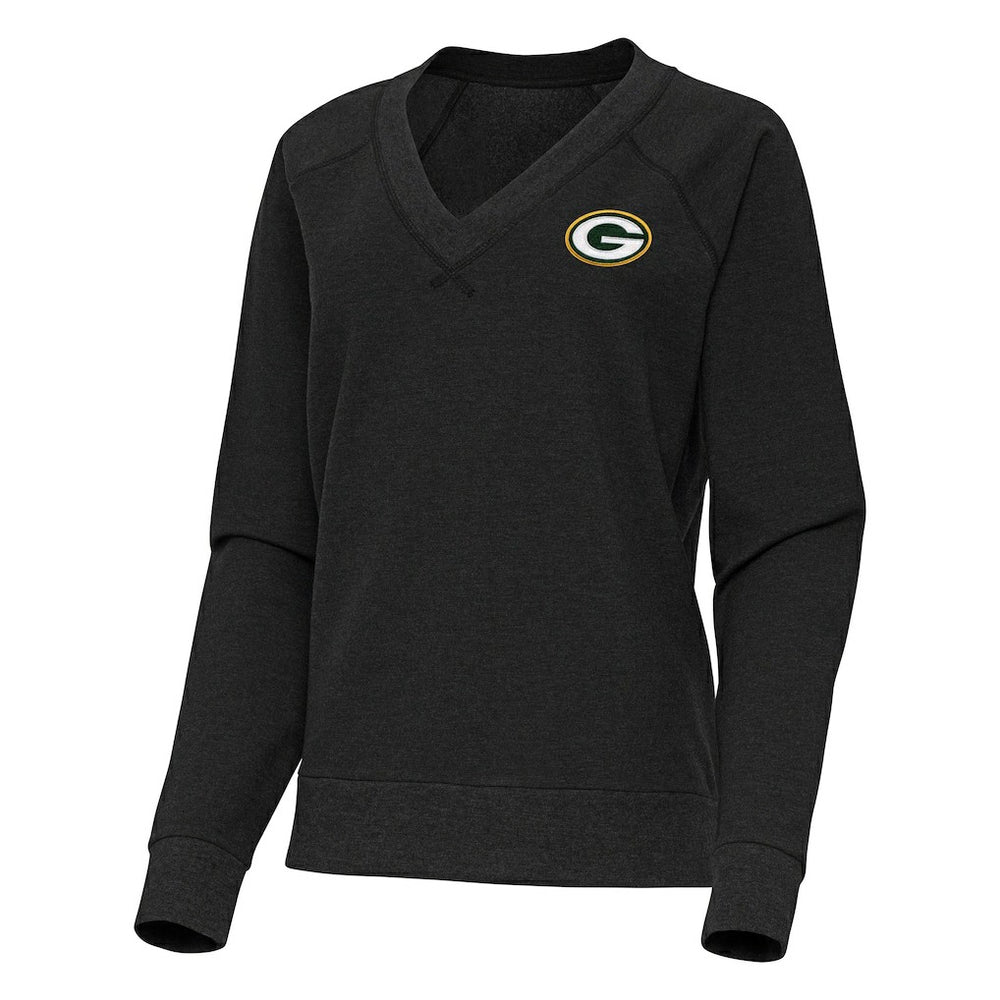 Green Bay Packers Antigua Women's Varsity Tri-Blend V-Neck Long Sleeve T-Shirt - Heather Black T-shirts