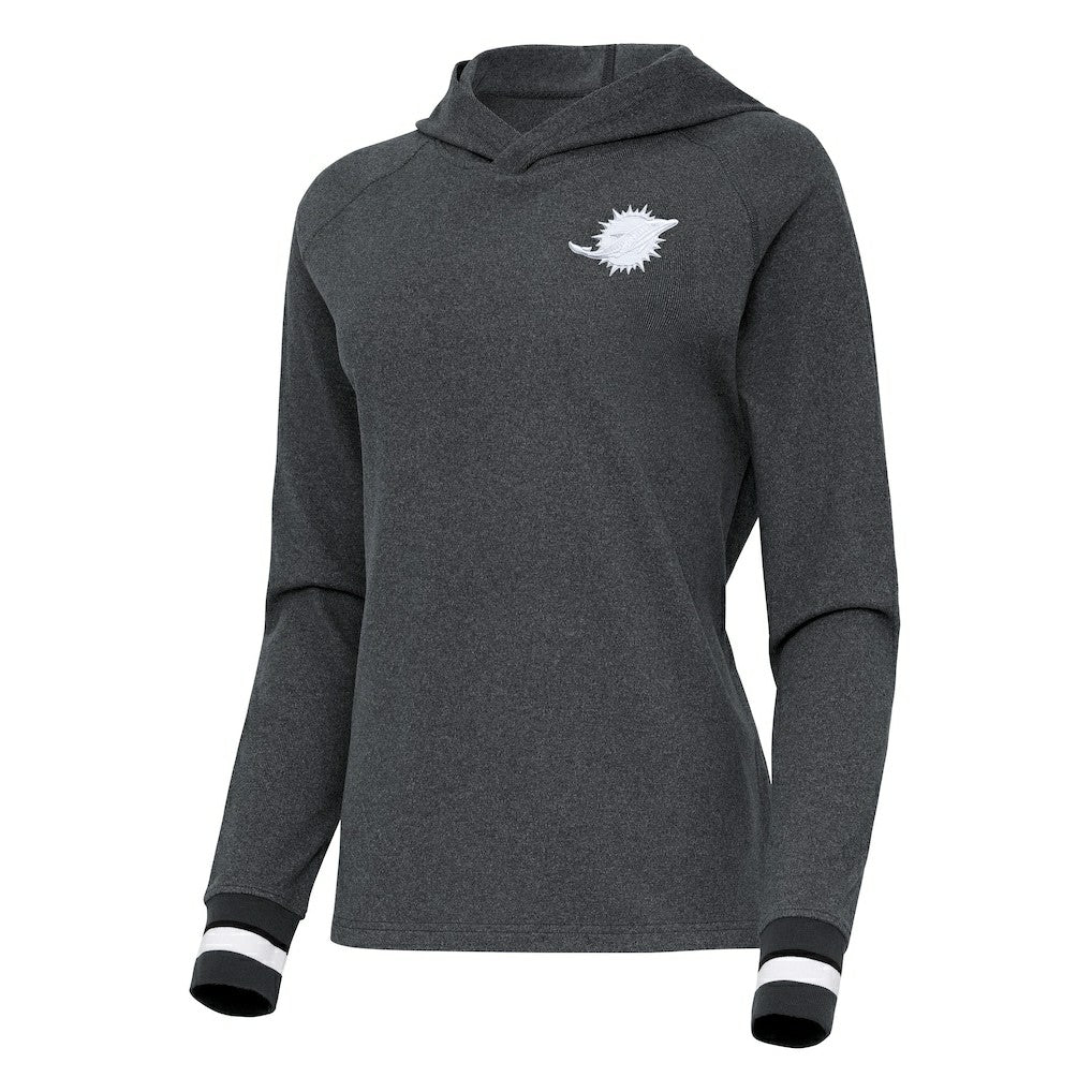 Miami Dolphins Antigua Women's Trek Raglan Pullover Hoodie - Heather Charcoal Hoodies