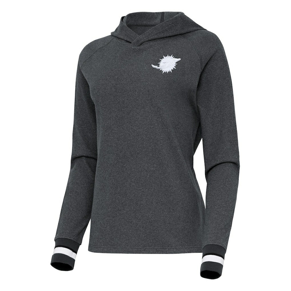 Miami Dolphins Antigua Women's Trek Raglan Pullover Hoodie - Heather Charcoal Hoodies