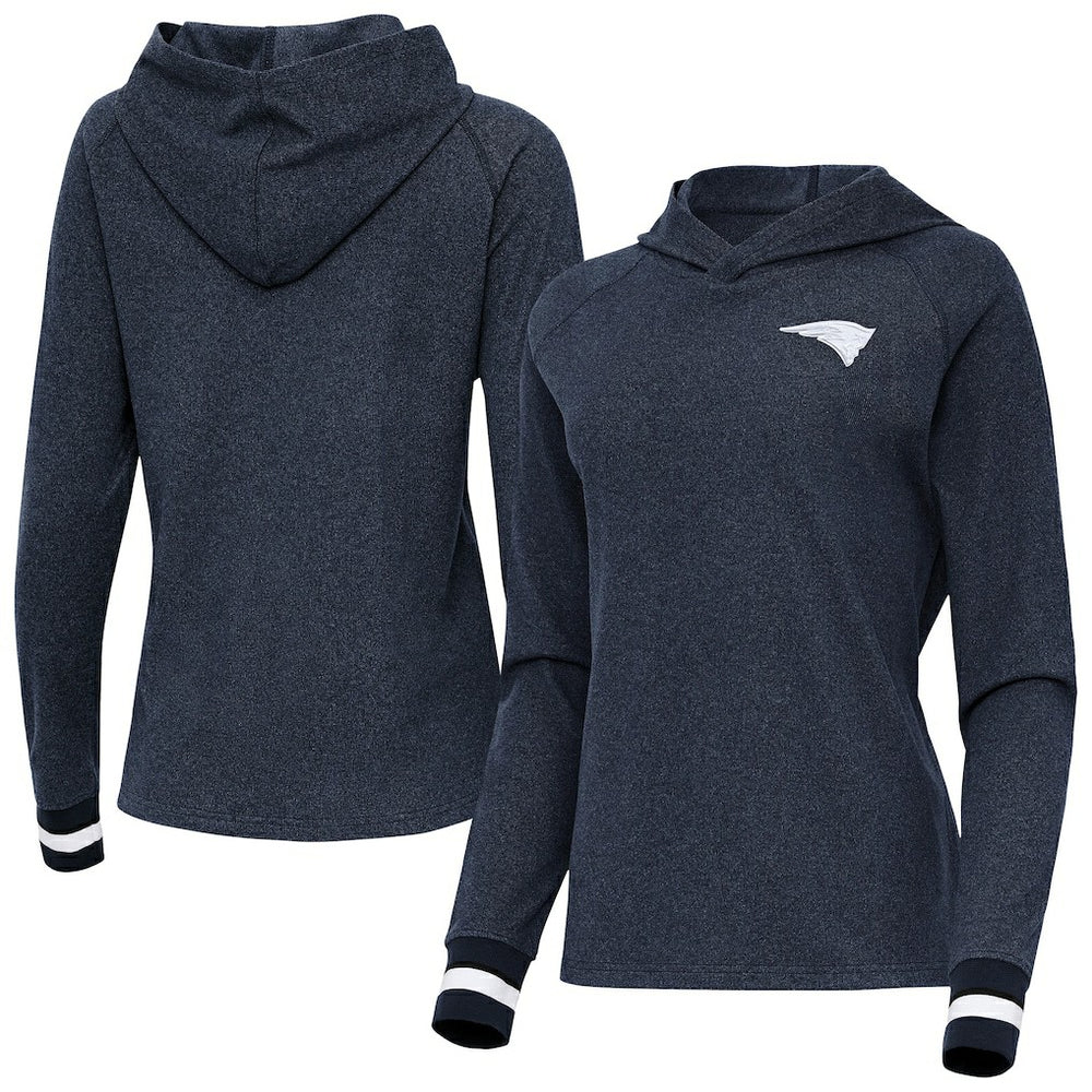 New England Patriots Antigua Women's Trek Raglan Pullover Hoodie - Heather Navy Hoodies