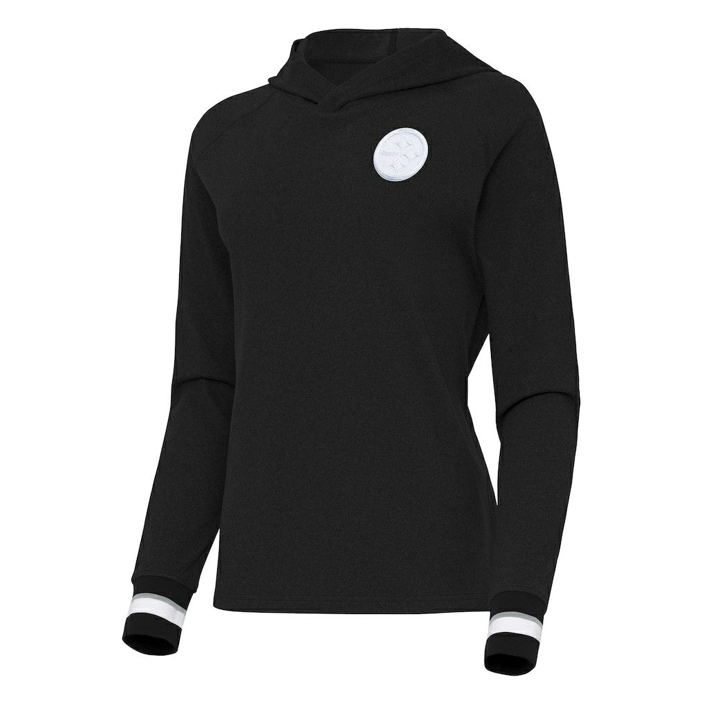 Pittsburgh Steelers Antigua Women's Trek Raglan Pullover Hoodie - Black Hoodies