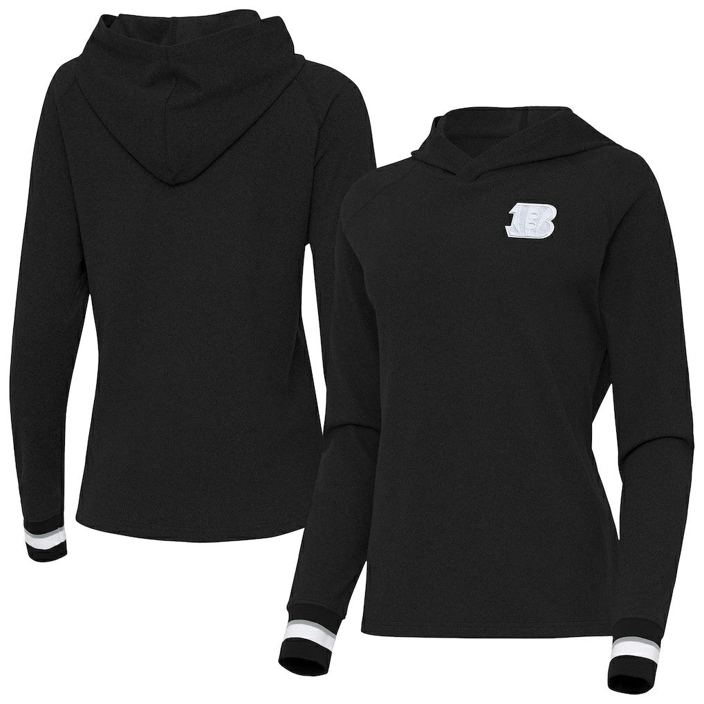 Cincinnati Bengals Antigua Women's Trek Raglan Pullover Hoodie - Black Hoodies